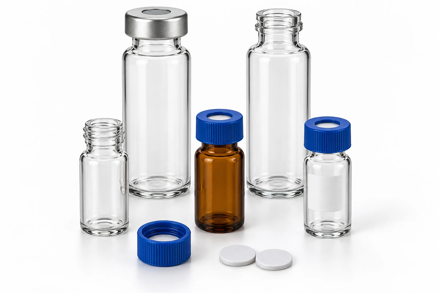 Clear and amber sample vials with blue screw caps, a silver crimp seal and separate septa