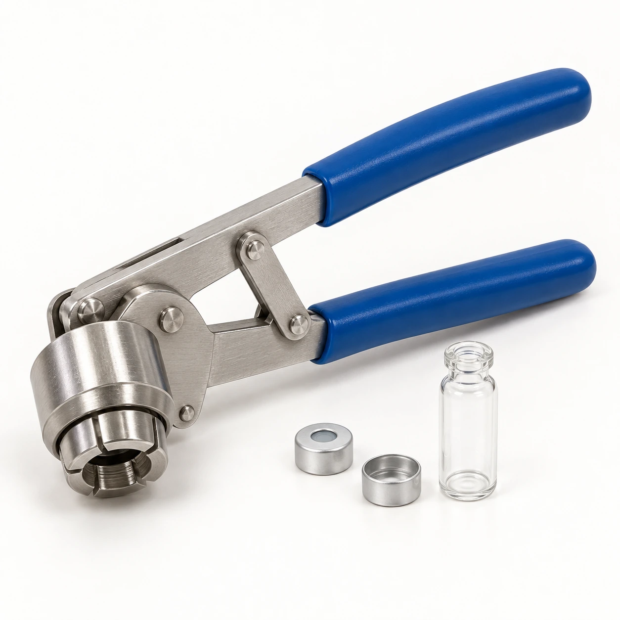 Blue-handled vial crimper with aluminum seals and a clear crimp-neck vial