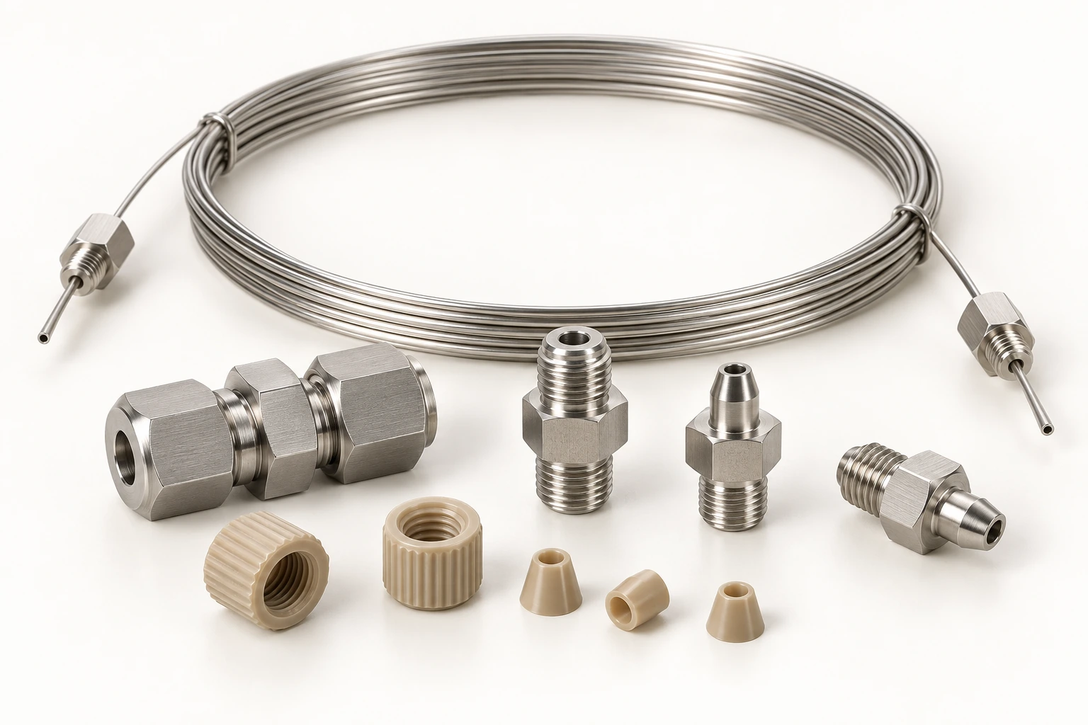Coiled chromatography tubing with metal fittings and natural-colored polymer connectors