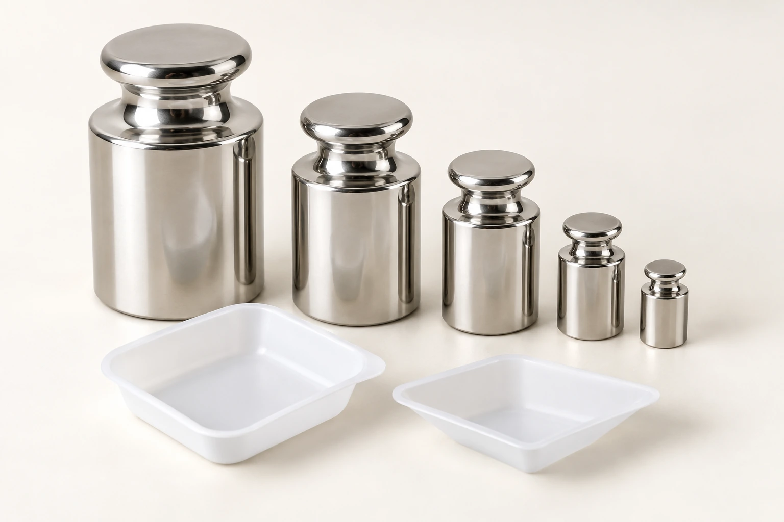 Polished calibration weights and white weighing boats