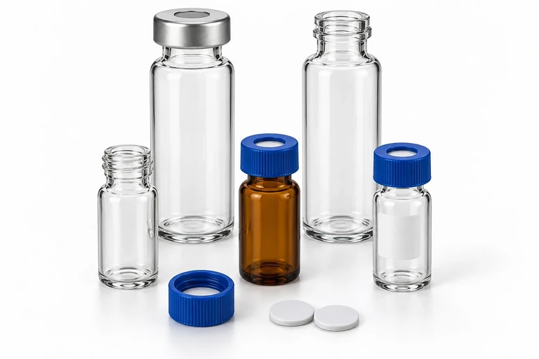 Clear and amber sample vials with caps and separate septa