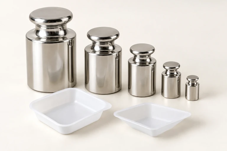 Calibration weights and white weighing boats