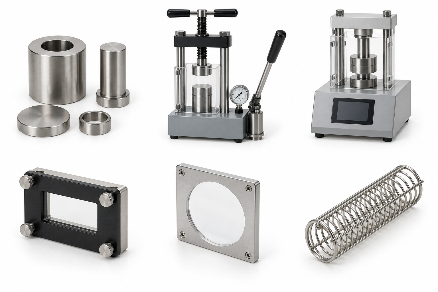 Manual laboratory hydraulic pellet press with hand-pump lever. Product view for KBR Press Manual. Representative product type; verify exact specification.