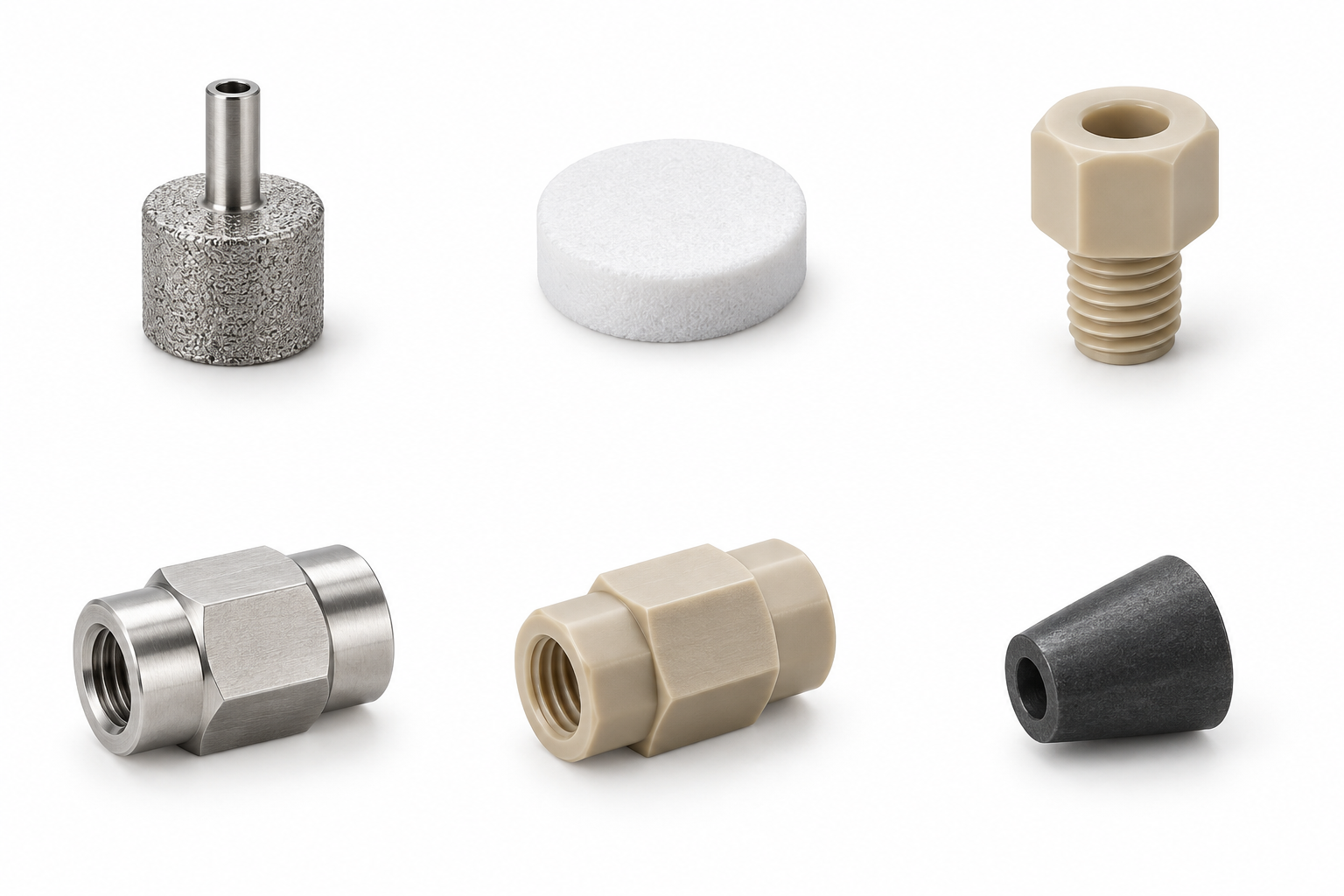 White porous PTFE frit. Product view for Ptfe Frits For Agilent Hplc Pk/5. Representative product type; verify exact specification.