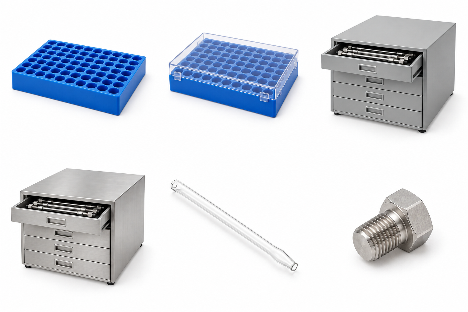 Brushed stainless steel chromatography column cabinet. Close view for HPLC Column Storage Cabinet 500 Capacity SS. Representative product type; verify exact specification.