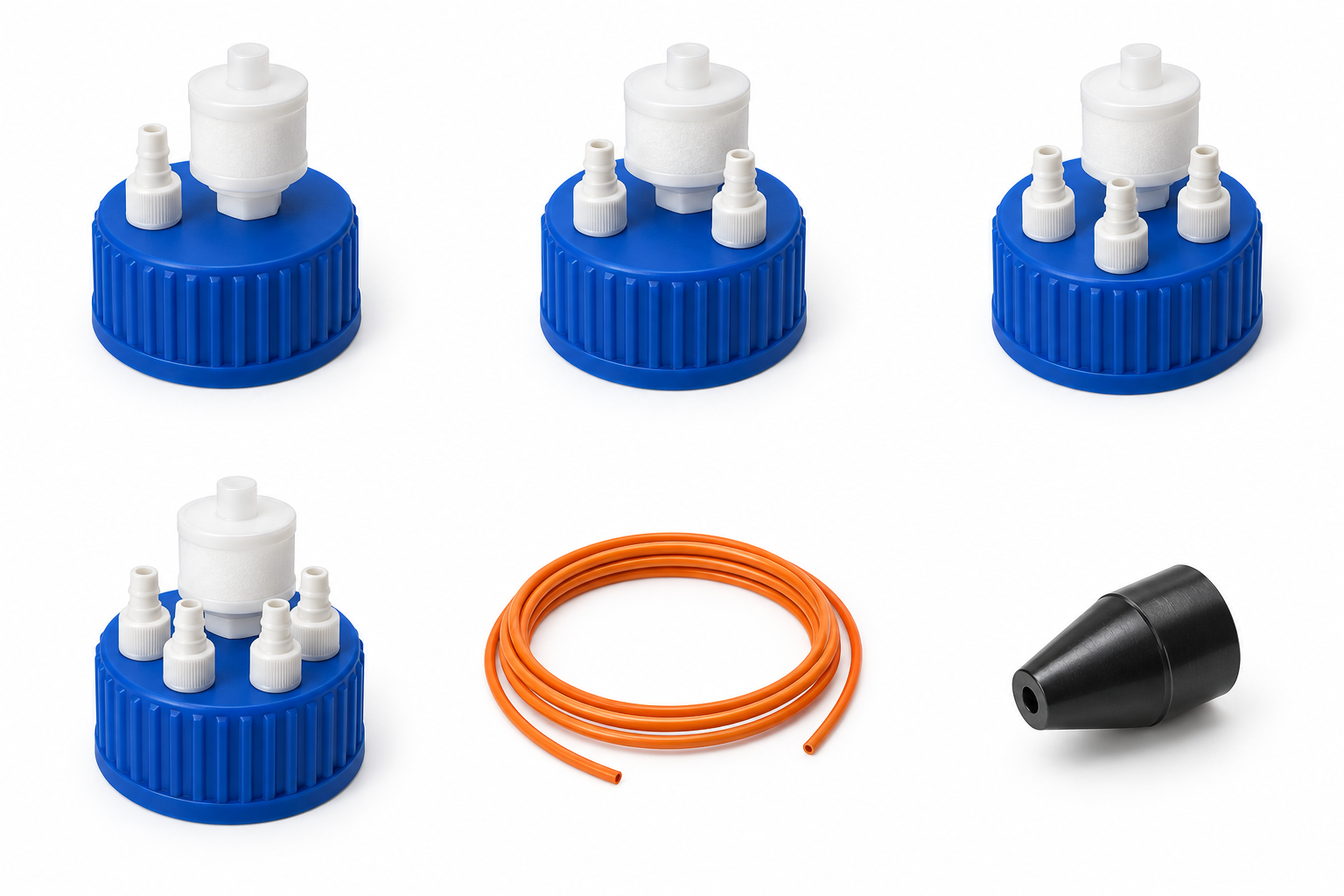 Blue HPLC cap with two tubing ports and vent filter. Product view for Multiport Caps For HPLC, Two Port With Filter. Representative product type; verify exact specification.