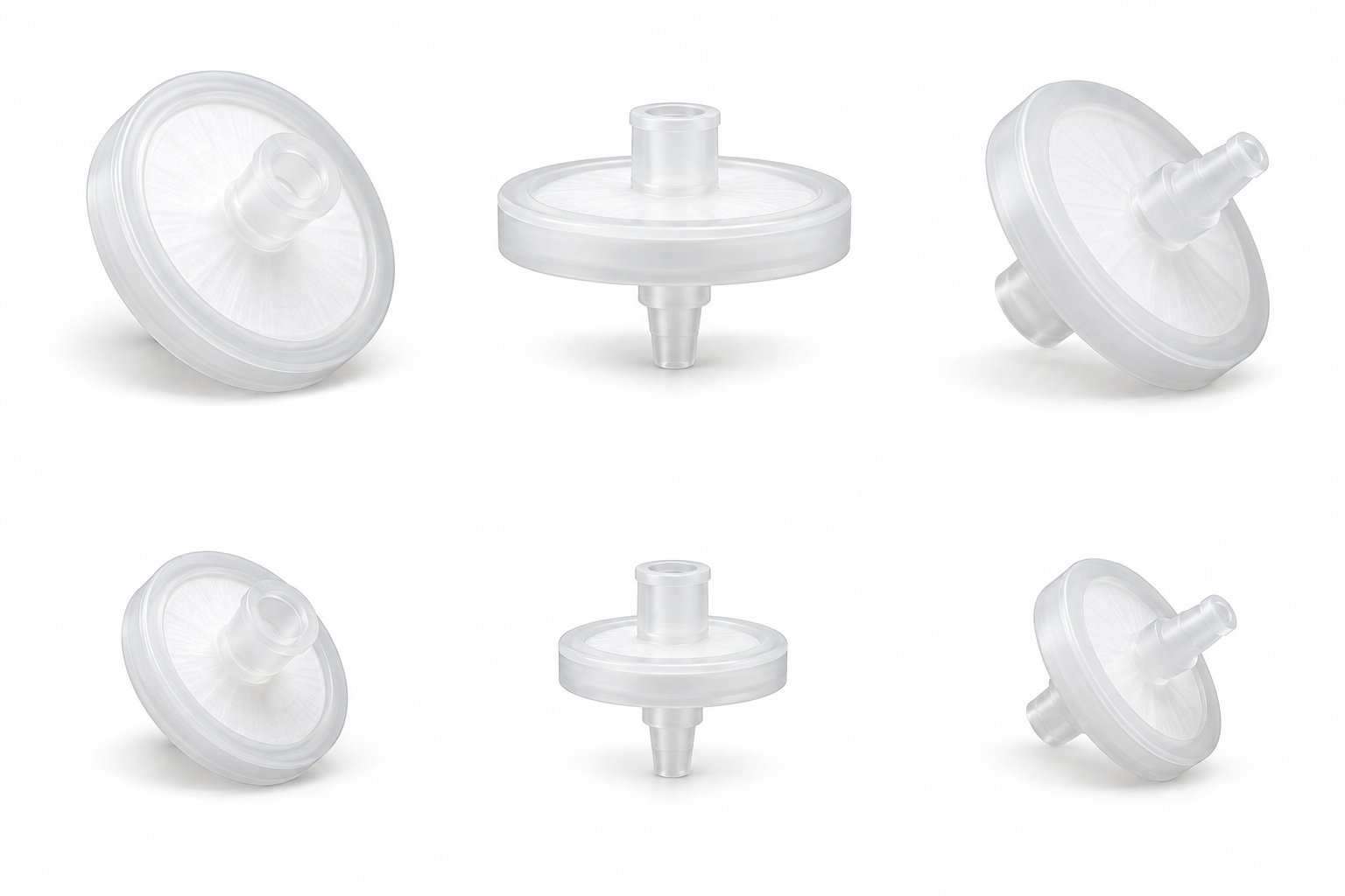 Small white disc syringe filter, inlet-side three-quarter view. Product view for Kikflo Nylon Syringe Filters 0.45µm, 13 mm. Representative product type; verify exact specification.