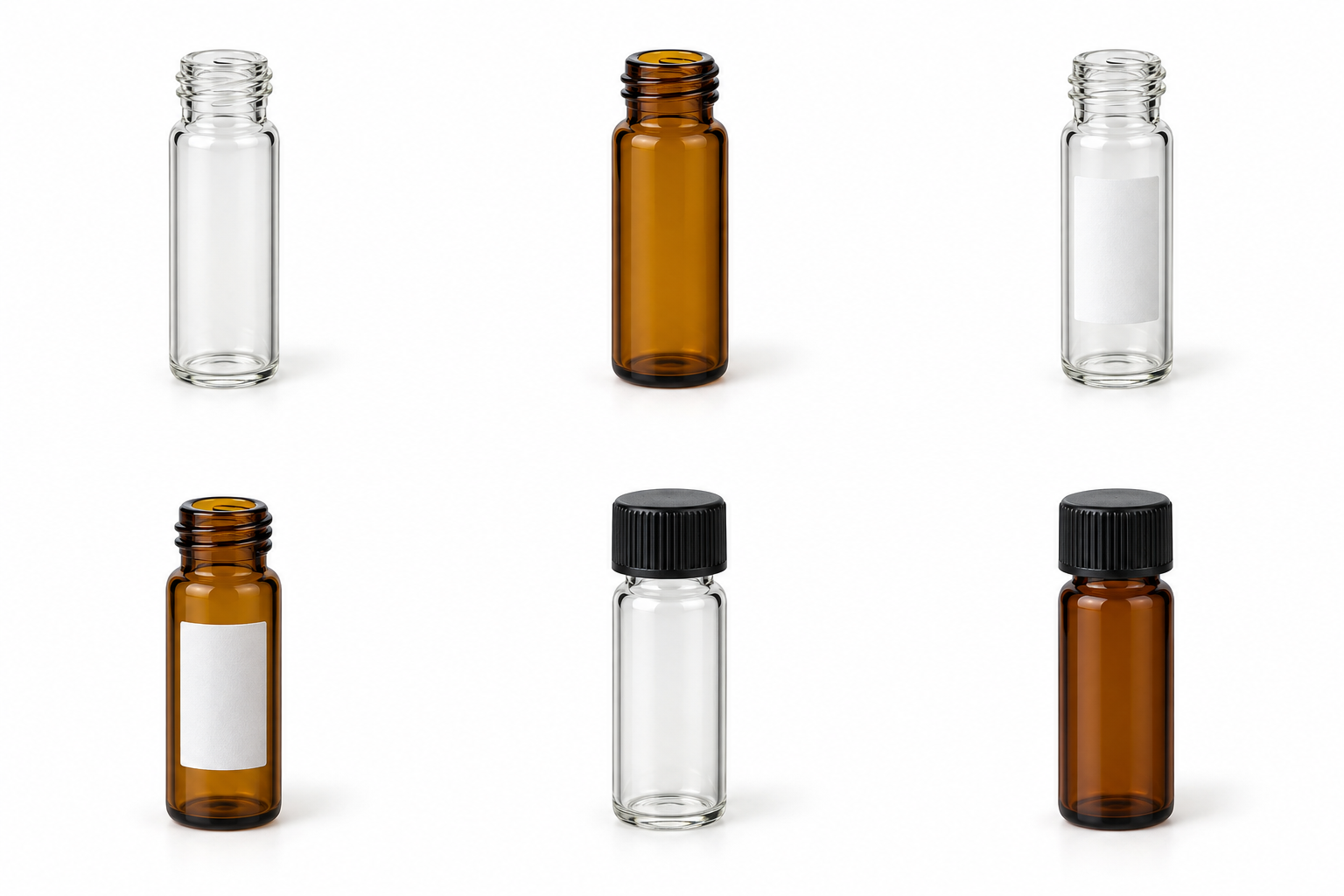 Clear open screw-neck vial. Product view for 9 mm Clear Screw Vials W/O Patch. Representative product type; verify exact specification.