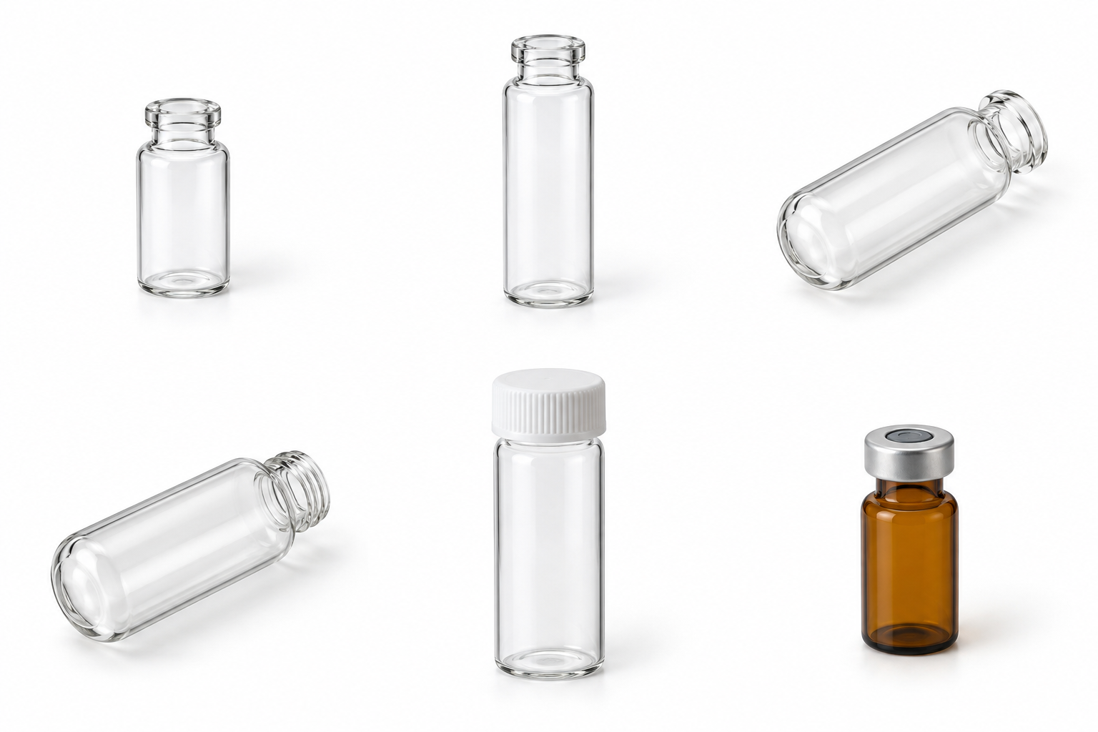 Clear flat-bottom crimp-neck headspace vial. Product view for 20 ml GCHS FB Crimp Neck Vials. Representative product type; verify exact specification.