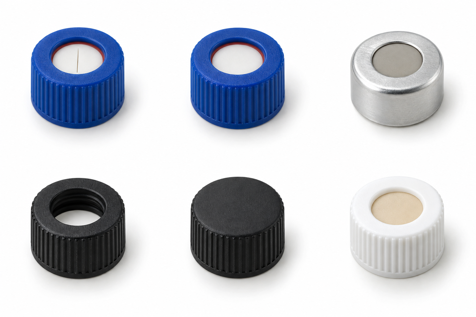 Blue screw cap with slit septum. Product view for 9 mm Screw Caps With Slit Septa. Representative product type; verify exact specification.