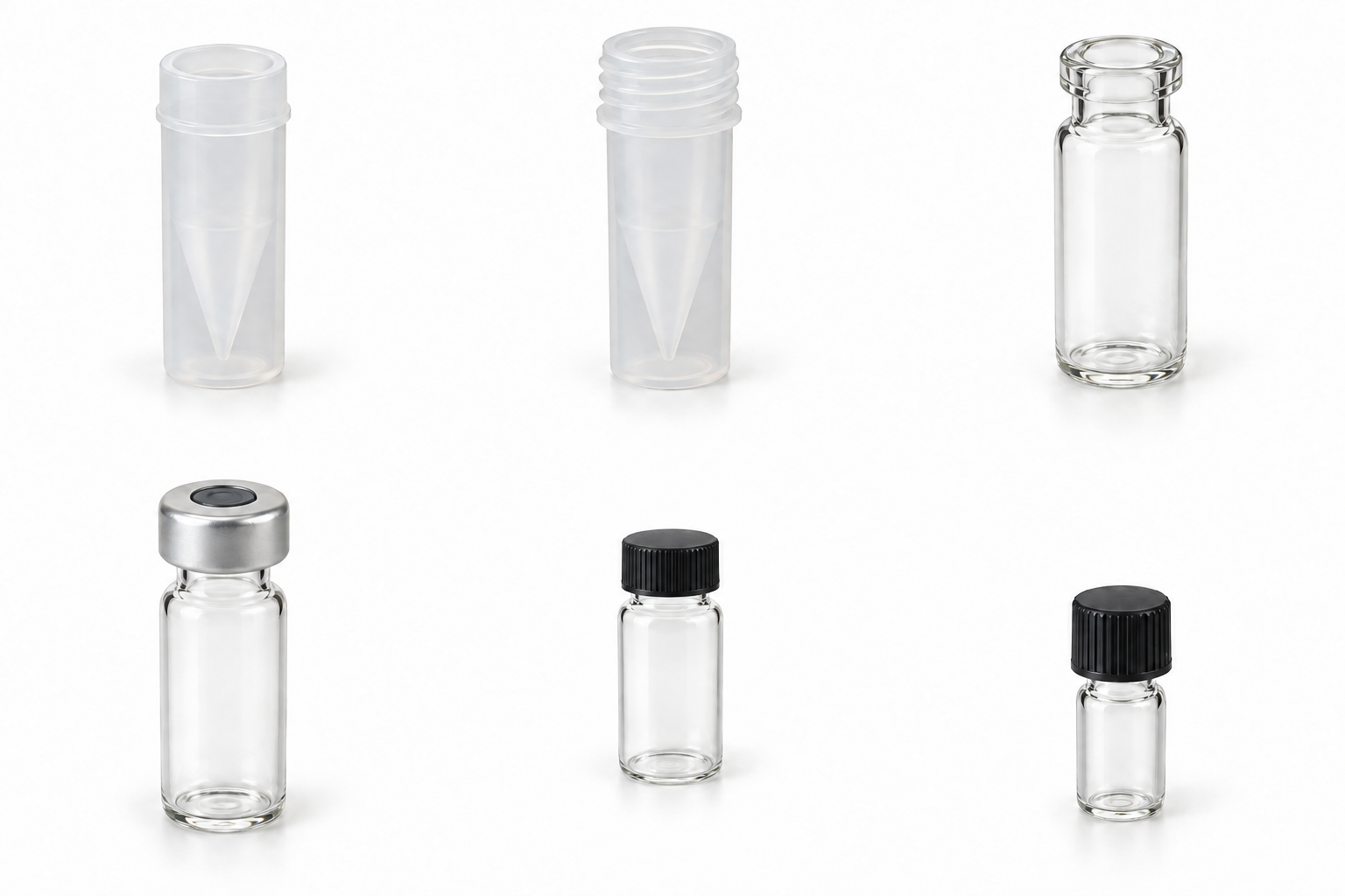 Translucent polypropylene screw vial with an integrated conical insert. Product view for Pre Insert PP Screw Vial. Representative product type; verify exact specification.