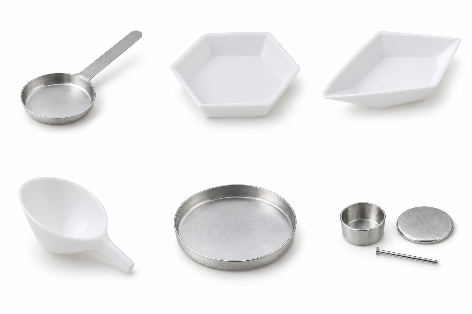 Hexagonal white polymer weighing boat. Close view for Disposable Hexagonal Antistatic Polystyrene Weigh Boats 50 ml. Representative product type; verify exact specification.